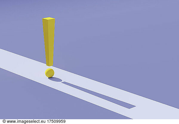 Three dimensional render of yellow exclamation point against purple background