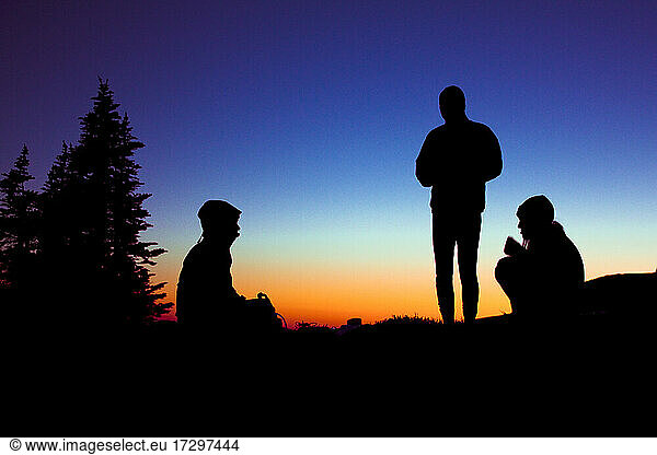 Three friends enjoy a quiet moment in the alpine before hiking.