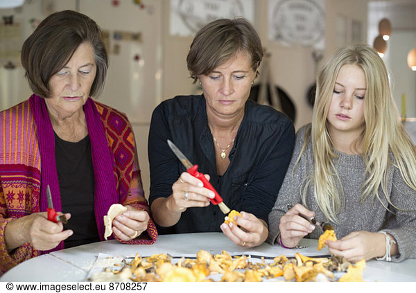 Three generation females cleaning chanterelle mushroom at home