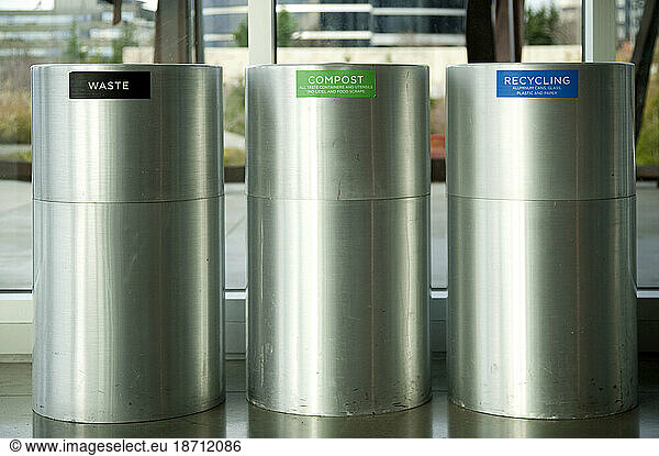 Three metal bins in a row indicating Waste  Compost and Recycling.