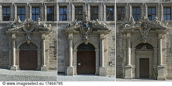 Three portals with coats of arms  on the left and right the city coat of arms  in the centre the imperial coat of arms  west façade of the Old Town Hall  Nuremberg  Middle Franconia  Bavaria  Germany  Europe