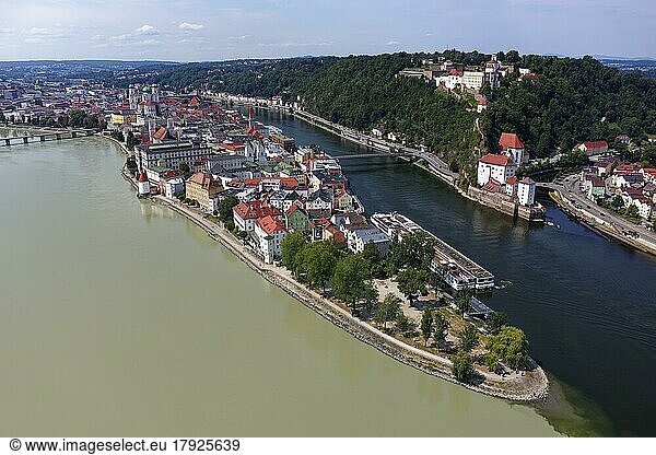 Three Rivers Corner  Old Town in the back  Danube on the right  Ilz further on the right  Veste Oberhaus  Veste Niederhaus  Ilzstadt on the far right  aerial view  Three Rivers City of Passau  independent university city  administrative district of Lower Bavaria  Eastern Bavaria  Bavaria  Germany  Europe