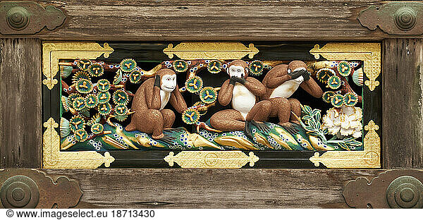 Three wise monkeys at Nikko Tosgogu Shrine  Japan.
