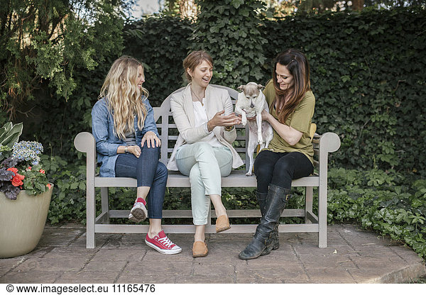 Three women sitting on a bench in a garden a dog on their lap.