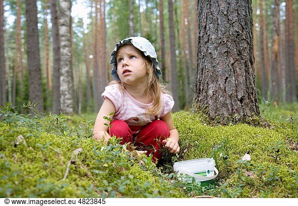 Three Year Old Berry-Picker Girl in Forest