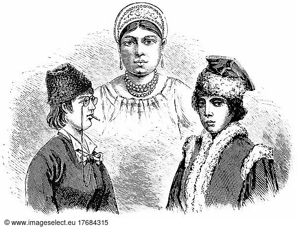 Three young women  Russia  traditional dress  glasses  headgear  necklace  portrait  historical illustration 1881  Europe