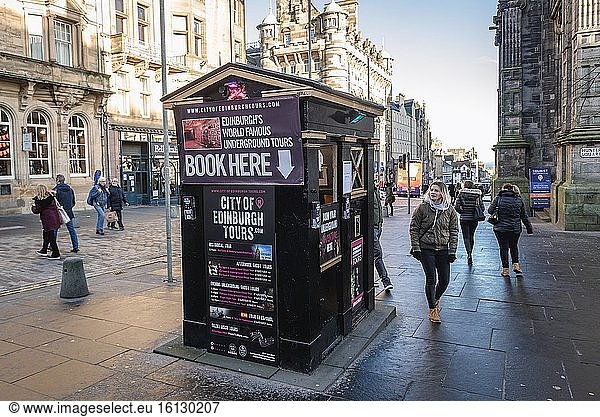 Ticket booth operated by City of Edinburgh Tours  former Royal Mile police box in Edinburgh  the capital of Scotland  part of United Kingdom.