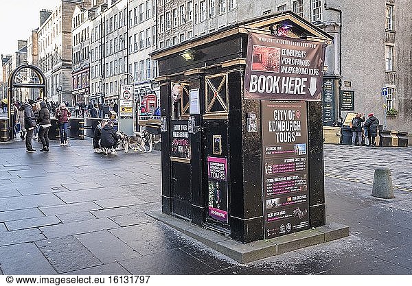 Ticket booth operated by City of Edinburgh Tours  former Royal Mile police box in Edinburgh  the capital of Scotland  part of United Kingdom.