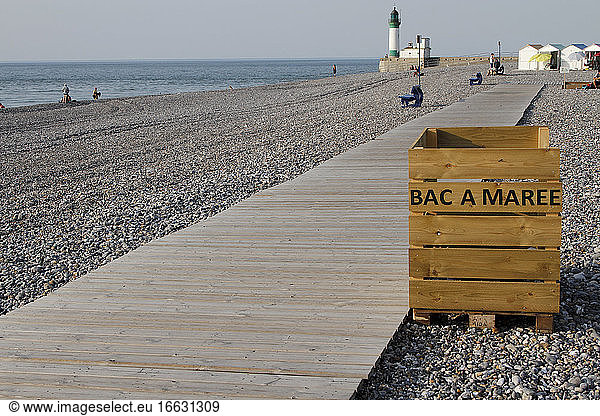 Tide tank for the collection of marine waste collected by walkers on the beach of Le Tr?port Normandy France