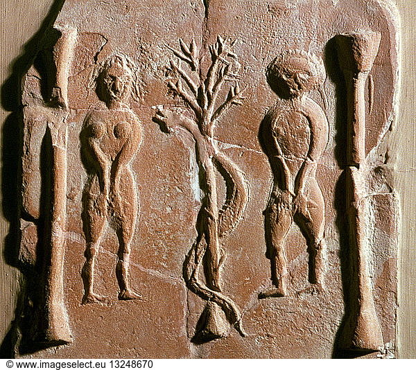 tile with Adam  Eve and the Three of knowledge Carthage  Tunisia  5th-6th centuries AD