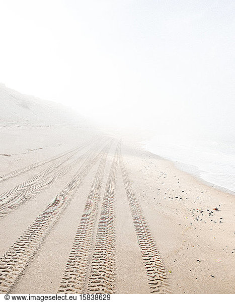Tiretracks fade off into the distance on an isolated beach