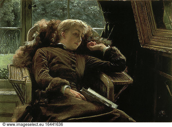 Tissot  James (Jacques Joseph) 1836–1902.“Reverie: Madame Newton dans sa chaise longue (Reverie: Mme. Newton in the reclining chair).Painting.London  art market.