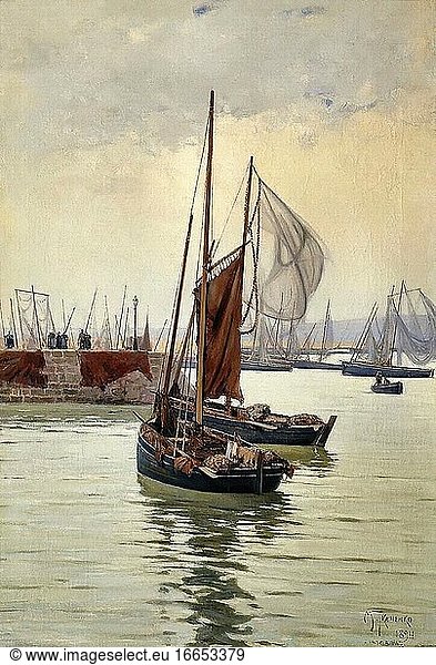 Tkachenko Mikhail Stepanovich - Fischerboote in der Daurnene-Bretagne - Russische Schule - 19. Jahrhundert.