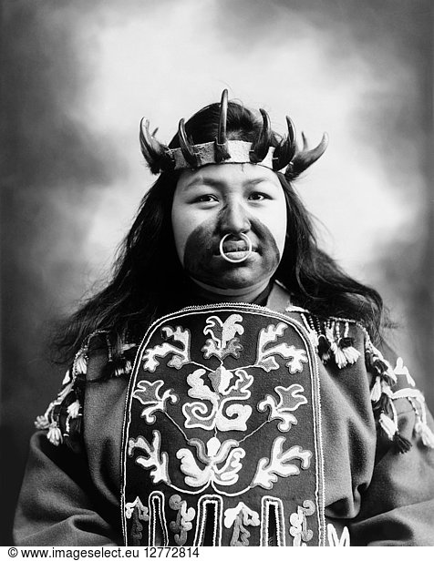 TLINGIT NATIVE AMERICAN  c1906. Kaw-Claa  a Tlingit Native American woman  in full potlatch dancing costume. Photograph  c1906.