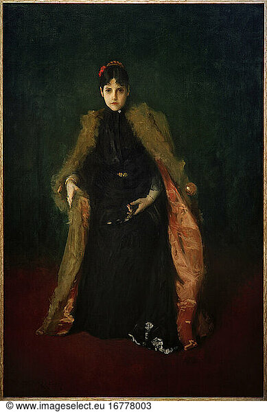 to: Chase  William Merritt; American painter;
Williamsburg (Indiana  USA) 1.11.1849 – New York 25.10.1916.
– Mrs. Chase . –
(Alice Bremond Gerson Chase  1866–1927  the artist's wife).
Painting  c. 1890  by William Merritt Chase.
Oil on canvas  182.8 × 121.9 cm. Inv.no. 09–6;
Pittsburgh  Carnegie Museum of Art.