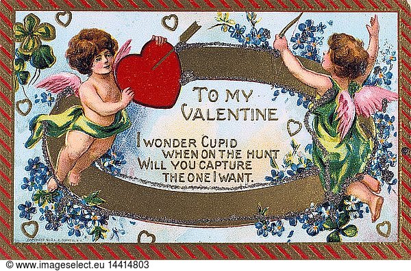 To My Valentine",  American Valentine card,  c1908. Cupid shoots an arrow into a heartheld up by a putto. The words are surrounded by garlands of Forget-me-nots (Myosotis palustris) and lucky four-leafed Shamrock or Wood Sorrel (Oxalis acetosella) is a symbol of Ireland. In Roman mythology Cupid was the son of Venus,  goddess of love (Eros and Aphrodite in the Greek Pantheon). The identity of St Valentine is uncertain,  the most popular candidates are Valentine,  bishop of Terni (3rd century) or a Roman Christian convert martyred c270). St Valentine"s Day,  celebrated on 14 February,  probably replaces the Roman pagan festival of Lupercalia.