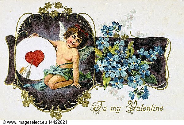 To My Valentine"  American Valentine card  1907. Cupid holds a heart pierced by an arrow. The flowers are Forget-me-nots (Myosotis palustris). In Roman mythology Cupid was the son of Venus  goddess of love (Eros and Aphrodite in the Greek Pantheon). The identity of St Valentine is uncertain  the most popular candidates are Valentine  bishop of Terni (3rd century) or a Roman Christian convert martyred c270). St Valentine"s Day  celebrated on 14 February  probably replaces the Roman pagan festival of Lupercalia.