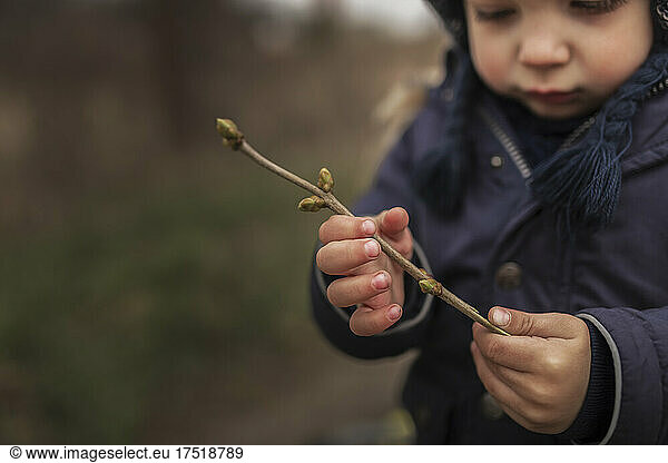 Toddler boy in warm clothes playing with twig of lilac