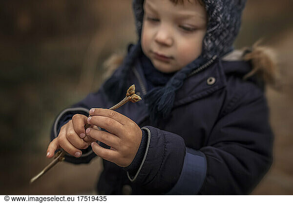 Toddler boy in warm clothes playing with twig of lilac