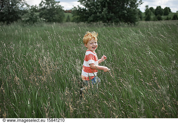 Toddler boy laughing while walking through a long grassy field outside