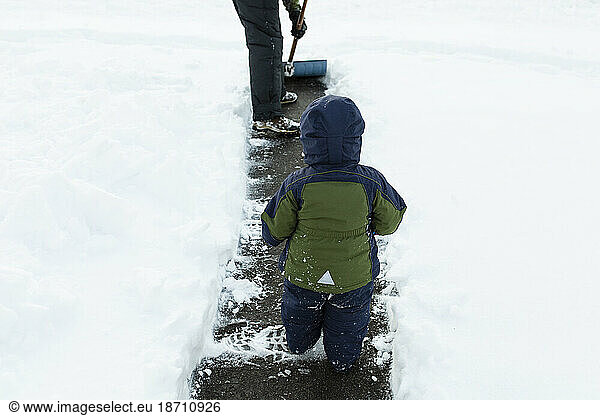 Toddler boy walks in freshly shoveled walkway during winter