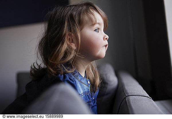 Toddler girl looking out of window