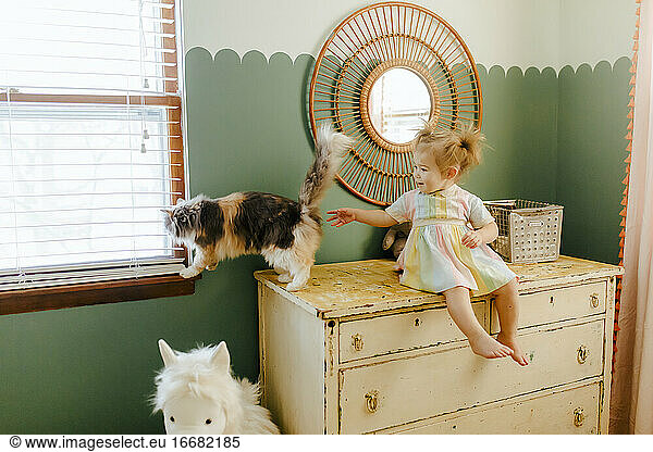 Toddler girl with her cat in her room
