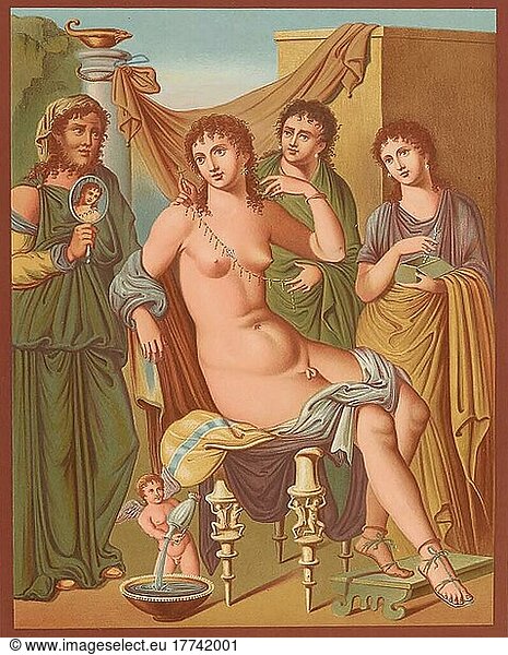 Toilette de LHermaphrodite  Gestalt der griechischen Mythologie  die sowohl männliche als auch weibliche körperliche Merkmale aufweist  Wandmalerei  Fresko aus dem historischen Pompeji  digital restauriert
