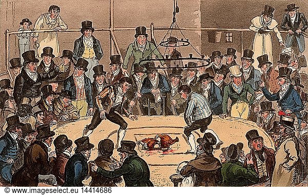 Tom  Jerry and Logic  backing Tommy the Sweep at the Royal Cockpit. The all male audience is focused on the cockfight in the ring. At top right men are betting on the outcome of the match. Illustration by (Isaac) Robert Cruikshank and George Cruikshank Snr. for "Life in London" by Pierce Egan (London  1821). Aquatint.