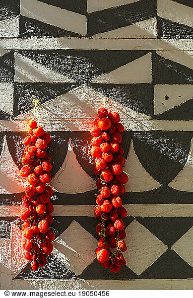 Tomatoes drying on a traditionally decorated wall of a house in Pyrgi
