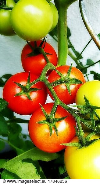 Tomatoes on the plant in front of harvest. Ripe and unripe tomatoes on the panicle
