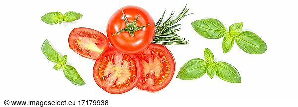 Tomatoes with basil vegetables from above banner cropped isolated against a white background