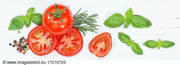 Tomatoes with basil vegetables from above banner wooden board