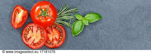 Tomatoes with Basil Vegetables from above Slate Banner Text Free Space Copyspace Copy Space