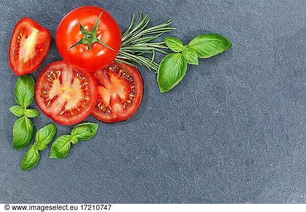 Tomatoes with basil Vegetables from above Slate Text Free Space Copyspace Copy Space