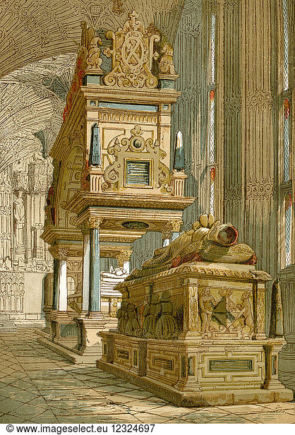 Tomb of Mary  Queen of Scots  Westminster Abbey  London  England. Mary  Queen of Scots  1542 – 1587  aka Mary Stuart or Mary I. Queen of Scotland. From Old England: A Pictorial Museum  published 1847.