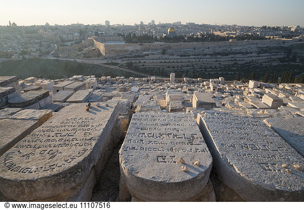Tombstones on the Mount of Olives with the Old City in Background  Jerusalem  Israel  Middle East