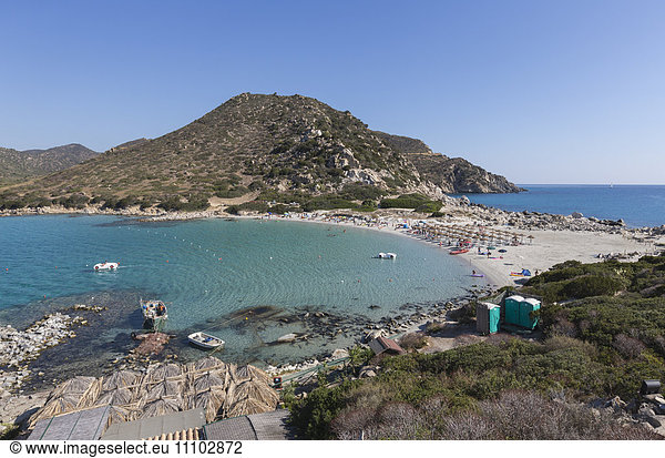 Top view of the bay with turquoise sea and the sandy beach  Punta Molentis  Villasimius  Cagliari  Sardinia  Italy  Mediterranean  Europe