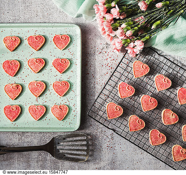 Top view of Valentine's day heart cookies cooling on pan and rack.