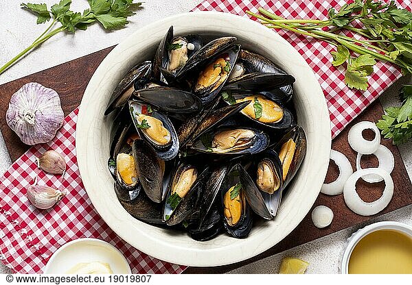 Top view tasty mussel shells. High resolution photo