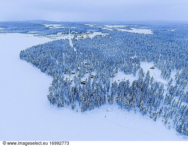 Torassieppi Rentierfarm Unterkunft mit Hütten in den Wäldern innerhalb des Polarkreises in Finnisch-Lappland  Finnland Drohne