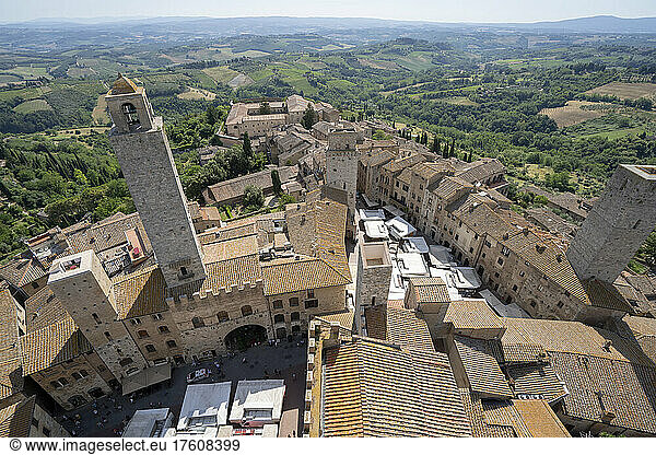 Torre Rognosa and view over Historic old town of San Gimignano and surrounding countryside  Tuscany  Italy; San Gimignano  Tuscany  Italy