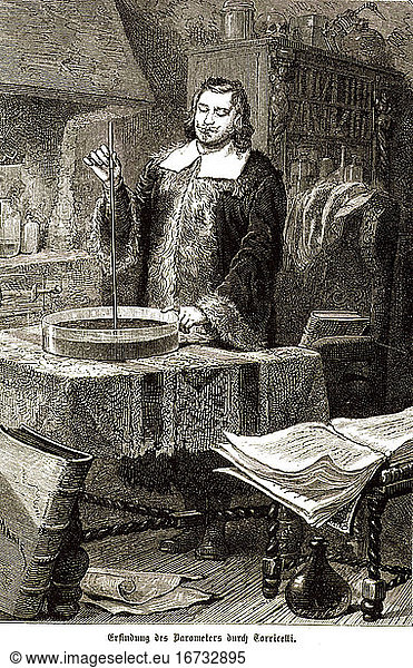 Torricelli  Evangelista; Ital. physicist and mathematician; 1608–1647. “Invention of the barometer by Torricelli (Florence  1643: invention of the barometer to measure the air pressure). Woodcut after drawing by Adrien E.Marie
(1848–91). From: W.Schütte  Das Reich der Luft  Leizig (F.Brandstetter)
1875  after p. 24.