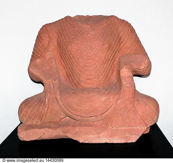 Torso of a seated Buddha AD 200-50 Kushan dynasty. Mathura  Uttar Pradesh  North India  Sandstone. Some of the earliest images of the Buddha were created Mathura. As with other early images  the Buddha"s chest is fully expanded with yogic breath . He wears an outer monastic robe drawn up over both shoulders.