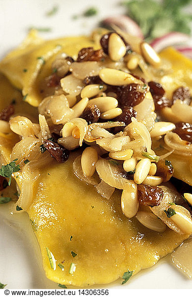 Tortellacci pasta with lard  onion  pine-kernel and raisins  La Rocca restaurant  Lucignano  Tuscany  Italy