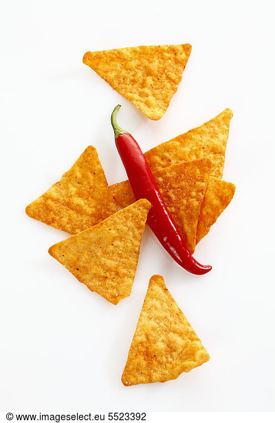 Tortilla chips with a chili pepper