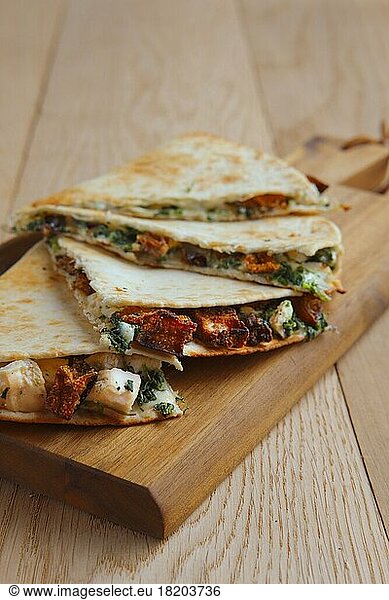 Tortillas stuffed with meat  vegetables and cheese on serving plate