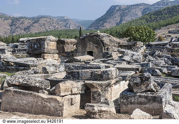Totenhäuser und Sarkophage  Nekropole oder Totenstadt in Hierapolis  antike griechische Stadt  bei Pamukkale  Phrygien  Denizli  Türkei