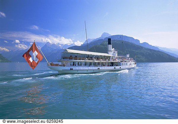Tourist boat crossing the lake  Lake Geneva (Lac Leman)  Switzerland  Europe