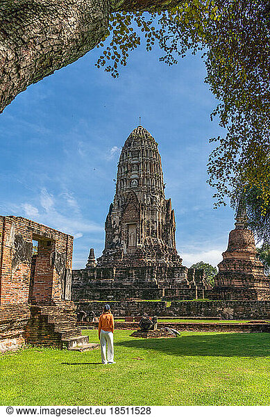 Tourist woman inside Bueng Phra Ram Park temple Ayutthaya